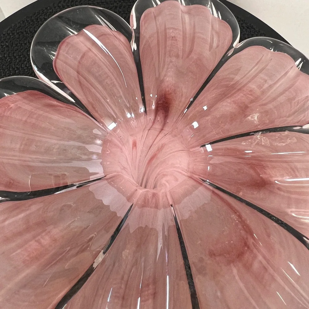 90s Pastel Pink Swirl Floral Art Glass Bud Vase Hand Blown Ruffled Flower Petals